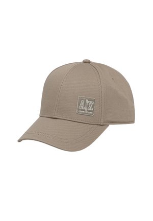 Gorra de béisbol de algodón beige con un diseño estructurado, visera curvada y un parche de logotipo cosido en la parte frontal. Textura suave, ajuste ajustable.