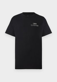 Black cotton t-shirt with short sleeves, featuring a silver embroidered "new balance" logo on the chest. Classic crew neck design.