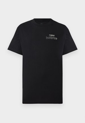 Czarny bawełniany t-shirt z krótkim rękawem, z wyszywanym na srebrno logo "new balance" na piersi. Klasyczny fason z okrągłym dekoltem.