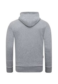 Grijze hoodie, zachte stof, lange mouwen, geribbelde manchetten en zoom, eenvoudig ontwerp, geen zichtbare merk en patronen.
