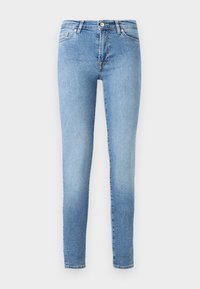 Világoskék skinny farmernadrág, klasszikus öt zsebes kialakítással, finom elhalványulással és normál derékkal, rejtett cipzárral.