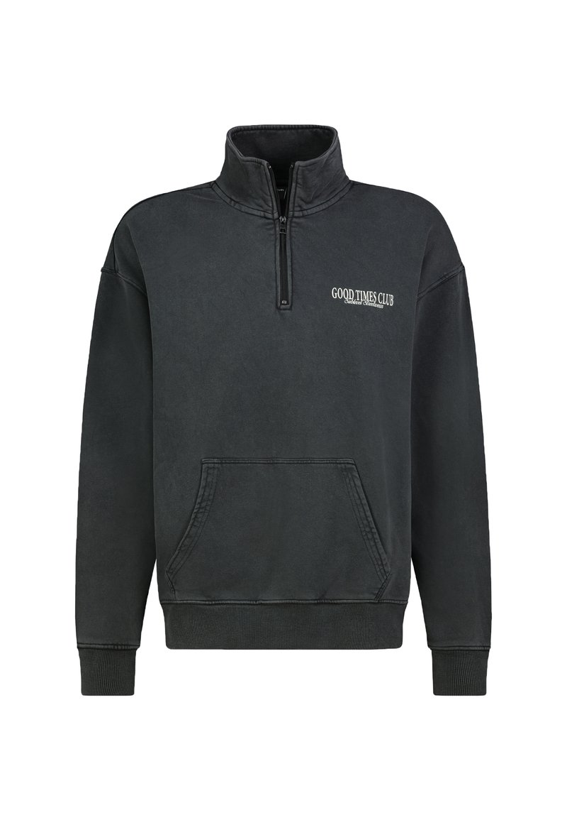 Zwart quarter-zip sweatshirt met een voorzak, geribbelde manchetten en "GOOD TIMES CLUB" geborduurd in het wit aan de linkerkant. Van katoen.