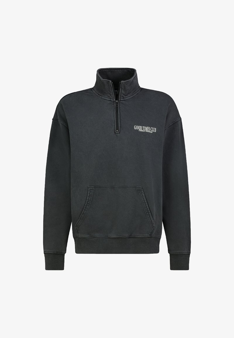 Schwarzer Viertelreißverschluss-Sweatshirt mit einer Fronttasche, gerippten Bündchen und "GOOD TIMES CLUB" in Weiß auf der linken Seite gestickt. Aus Baumwolle.