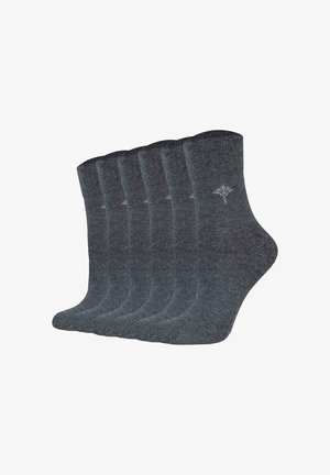 Gray cotton blend ankle socks, six pairs, features ribbed cuffs and reinforced heel. Smooth texture with light heathered finish.