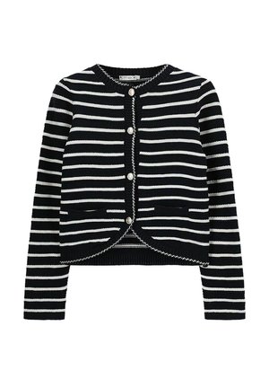 Zwart-wit gestreepte cardigan met een ronde hals, knopen aan de voorkant en een cropped zoom met twee zakken. Gebreide textuur.