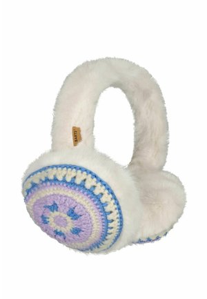 Faux fur earmuffs with a round crocheted design in purple, blue, and white. Soft material with a sturdy headband and branding tag.