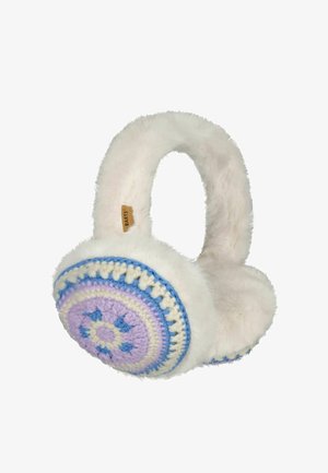 Faux fur earmuffs with a round crocheted design in purple, blue, and white. Soft material with a sturdy headband and branding tag.