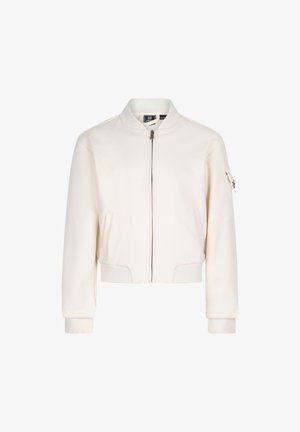 Cremfarbener Bomberjacke aus strukturiertem Stoff, mit einem vorderen Reißverschluss, gerippten Bündchen und einer Seitentasche mit Reißverschluss.