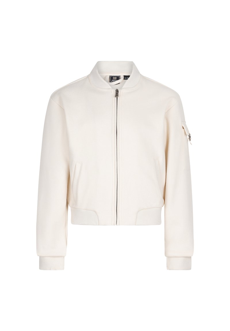 Kremowa bomberka z fakturowanej tkaniny, z zamkiem z przodu, ściągaczami przy rękawach oraz boczną kieszenią z zamknięciem na zamek.