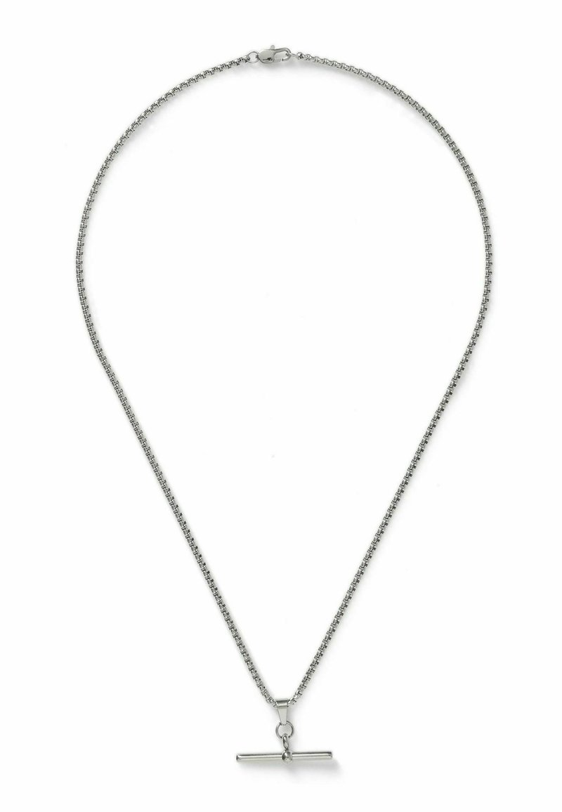 Ezüst lánc nyaklánc, toggle kapoccsal, vízszintes rúd medállal, fehér háttéren.