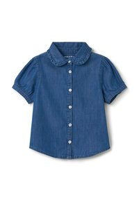 Camicia in denim con maniche corte a palloncino, chiusura a bottoni sul davanti e colletto arrotondato e arricciato. Colore blu scuro con una texture liscia.