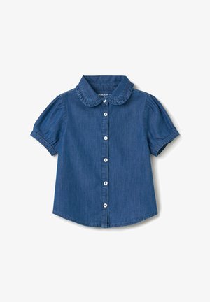 Denim shirt met korte opgeblazen mouwen, knoopsluiting aan de voorkant en een ronde, gerimpelde kraag. Donkerblauwe kleur met een gladde textuur.