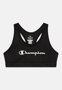 Melnā sporta krūšturis, izgatavots no elastīga auduma. Tam ir racerback dizains un izteiksmīga balta "Champion" logo priekšpusē.