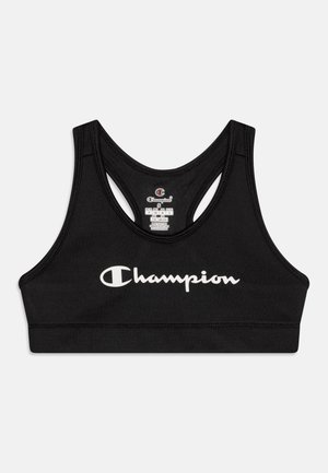 Zwarte sportbeha van rekbaar materiaal. Voorzien van een racerback-design en een opvallend wit "Champion" logo op de voorkant.