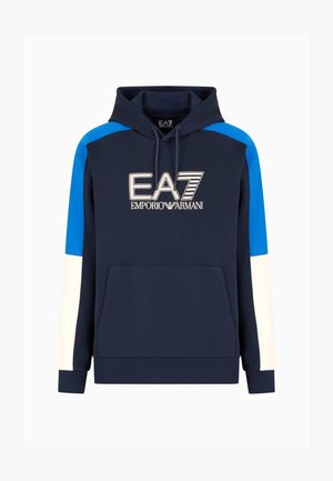 Felpa con cappuccio blu navy con accenti a pannelli blu e bianchi, dotata di tasca frontale e logo EA7 ricamato in bianco. Tessuto morbido, vestibilità standard.