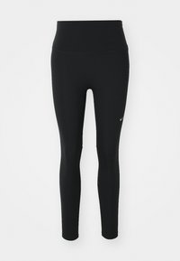 Sorte leggings lavet af strækstof, med høj talje, snævre ben og et diskret logo nær hoften. Glat tekstur, uden mønstre.