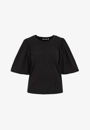 Sort t-shirt med korte, puffede ærmer, rund halsudskæring og blødt, glat stof. Enkel design uden synlige mønstre eller hardware.