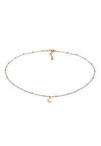 Rosen-guld choker halskæde med en delikat kæde, små runde perler og en halvmåne charm som fokuspunkt.