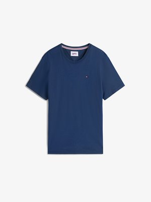 Navyblaue Baumwoll-T-Shirt mit Rundhalsausschnitt und kurzen Ärmeln. Mit einem kleinen Logo auf der linken Brust und einem gestreiften Innenhals.