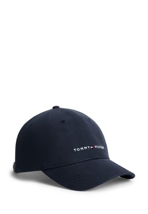 Marineblaue Baseballkappe mit gebogenem Schirm, gesteppten Belüftungsösen und dem auf der Vorderseite aufgestickten „Tommy Hilfiger“-Logo.