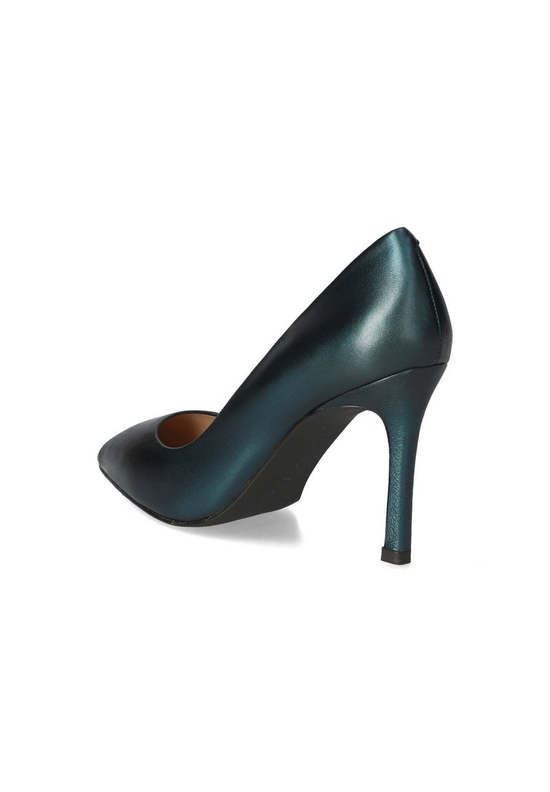 Sandały na wysokim obcasie w ciemnozielonym syntetycznym materiale, o eleganckim designie, smukłym obcasie i wycięciu w okolicy łuku.