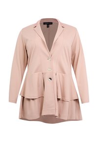 Lichtroze blazer met lange mouwen, een kraag met inkeping, sluiting met één knoop en een gelaagd peplumontwerp. Gladde structuur met subtiele patronen.