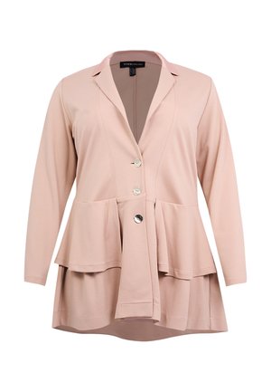 Hellrosa Blazer mit langen Ärmeln, einem Reverskragen, Ein-Knopf-Verschluss und einem mehrlagigen Peplum-Design. Glatte Textur mit dezenten Mustern.