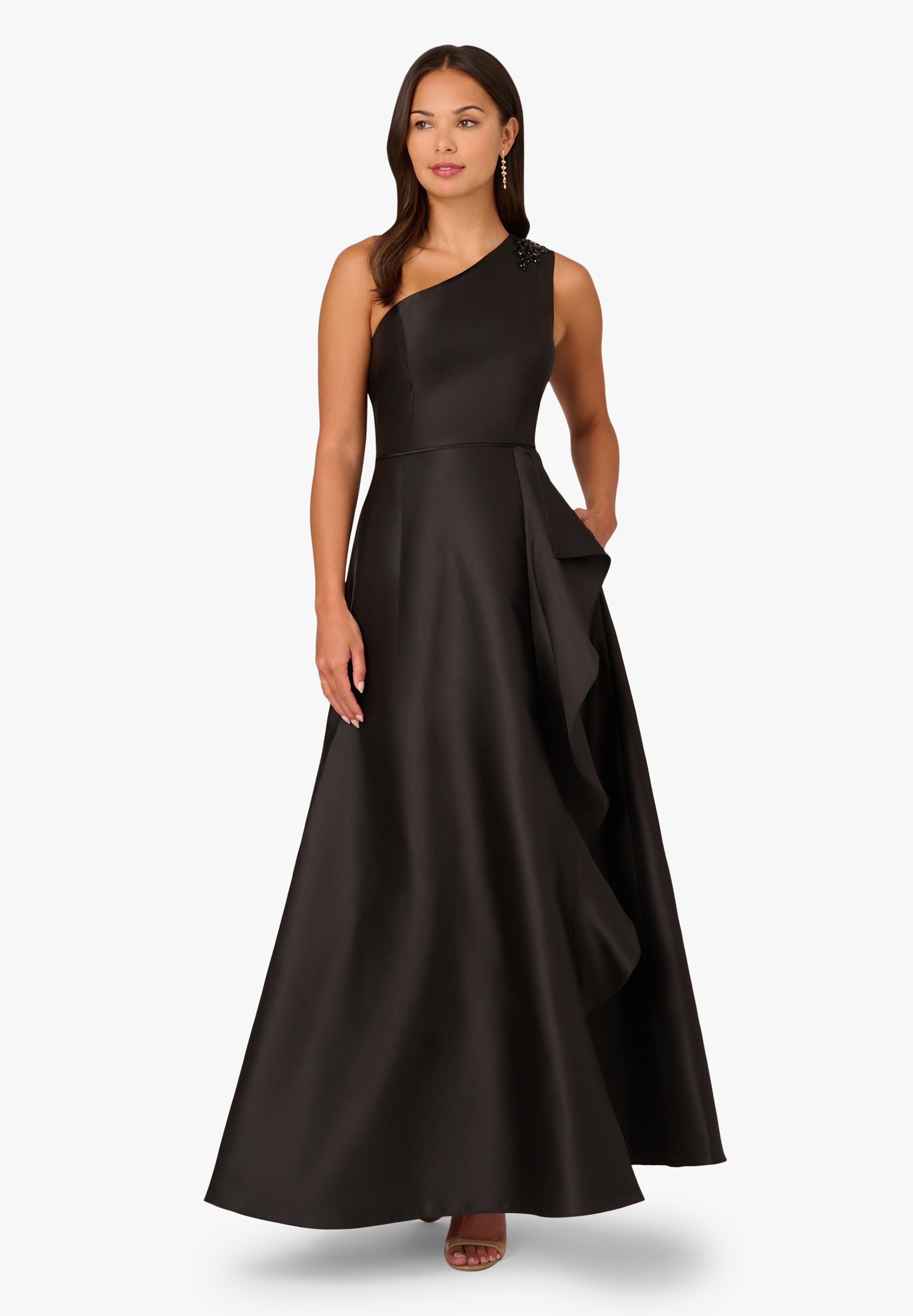 open lace back dress Black Blush Mu Floral Print Chiffon Gown With One Shoulder Neckline