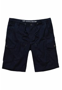Shorts cargo navy en tissu léger. Comprend plusieurs poches, une taille avec cordon de serrage et des accents de boutons pour un ajustement sécurisé.
