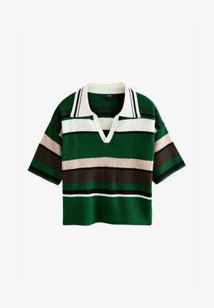 Polo shirt a maglia a righe verdi con maniche corte, scollo a V e righe orizzontali in contrasto di nero, marrone e crema.