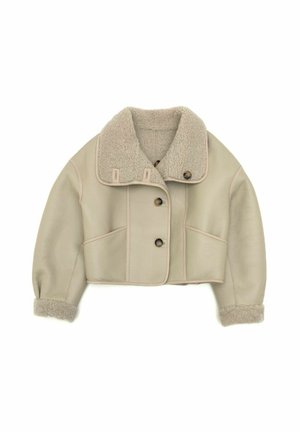 Cropper læderjakke i lys beige med en fluffy krave og manchetter. Har tre knapper og to sidelommer. Tekstureret læderfinish.