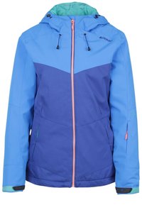 Veste de ski présentant un design bicolore avec une partie supérieure bleue et une partie inférieure bleu foncé, fermeture éclair et capuche réglable.