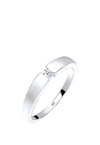 Silberring mit einem glatten, minimalistischen Design. Beinhaltet einen kleinen, runden Diamanten, der zwischen zwei rechteckigen Abschnitten gesetzt ist. Gezeichnet 925.