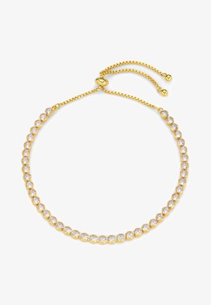 Pulseira de ouro com cristais transparentes redondos dispostos em padrão circular. Cadeia ajustável com contas para fecho. Textura suave em toda a peça.