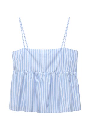 Modrý a biely pruhovaný crop top s tenkými nastaviteľnými ramienkami, skladaným dizajnom a rozšíreným lemom. Vyrobené z ľahkého materiálu.