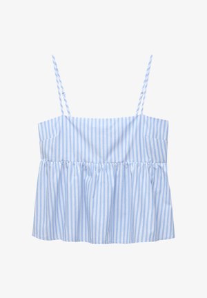 Top court rayé bleu et blanc avec des bretelles fines et ajustables, un design plissé et un ourlet évasé. Fabriqué en tissu léger.