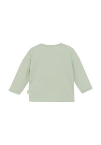 Helles grünes Langarmshirt aus weichem Stoff mit Rundhalsausschnitt und geradem Schnitt. Verfügt über ein kleines Etikett an der Seite.