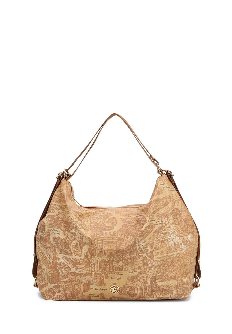 Borsa in pelle marrone con motivo mappa, due manici e forma curvata, con texture evidente e accentuata da un logo.