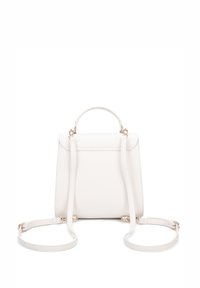 Sac à main en cuir blanc avec un design structuré, poignée supérieure et bandoulière amovible. Caractéristiques de matériel doré et surface texturée.