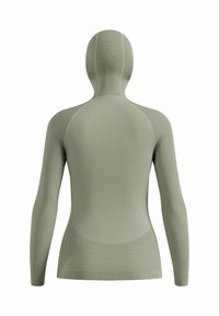 Haut à manches longues et à capuche en olive clair. Présente un tissu texturé à côtes avec un design ajusté et des bras sans couture pour plus de confort.