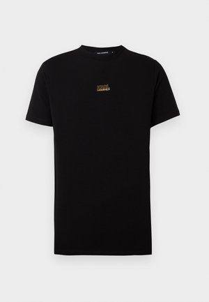 T-shirt in cotone nero con scollatura a girocollo, con un piccolo logo dorato "Karl Lagerfeld" sulla parte sinistra del petto. Maniche corte, colore uniforme.