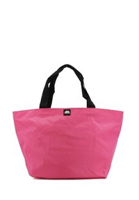 Borsa a tracolla fluorescente rosa con manici in nylon neri, caratterizzata da un design semplice e un'etichetta con logo sul davanti. Leggera e spaziosa.