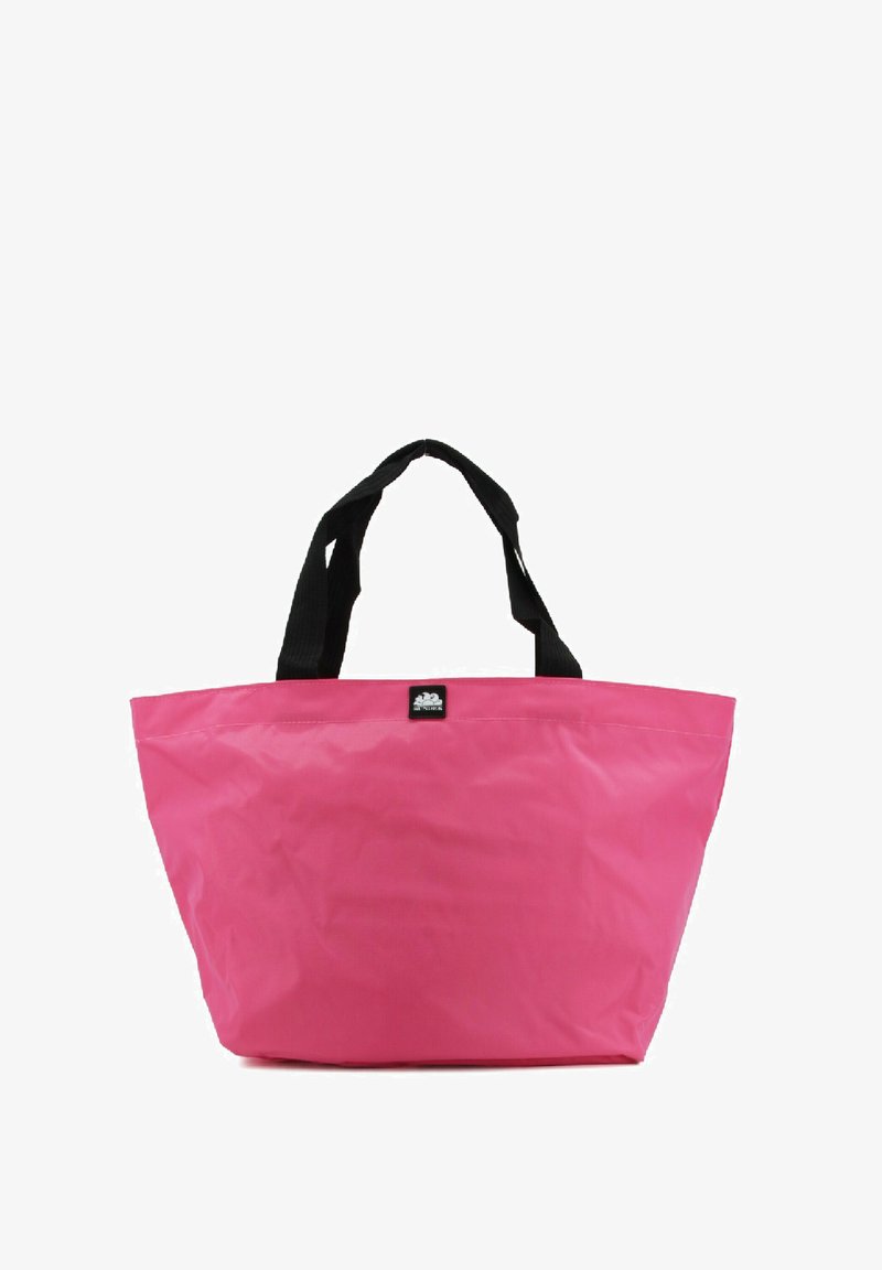 Borsa a tracolla fluorescente rosa con manici in nylon neri, caratterizzata da un design semplice e un'etichetta con logo sul davanti. Leggera e spaziosa.