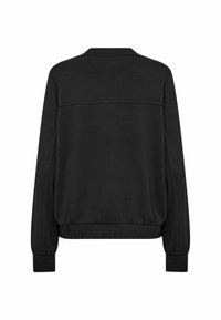 Black long-sleeve jacket with elastic waistband and cuffs, flat collar, and horizontal seam across upper back.