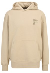 Felpa beige con tasca frontale, cappuccio con cordoncino e un piccolo logo stampato sul lato sinistro del petto. Realizzata in materiale morbido e liscio.