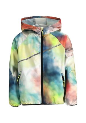 Kurtka dziecięca z kapturem, zapinana z przodu na zamek, z kieszeniami bocznymi na zamek oraz wielokolorowym, abstrakcyjnym wzorem w odcieniach niebieskiego, zielonego, żółtego, czerwonego i białego.