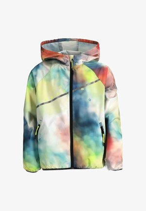 Kurtka dziecięca z kapturem, zapinana z przodu na zamek, z kieszeniami bocznymi na zamek oraz wielokolorowym, abstrakcyjnym wzorem w odcieniach niebieskiego, zielonego, żółtego, czerwonego i białego.