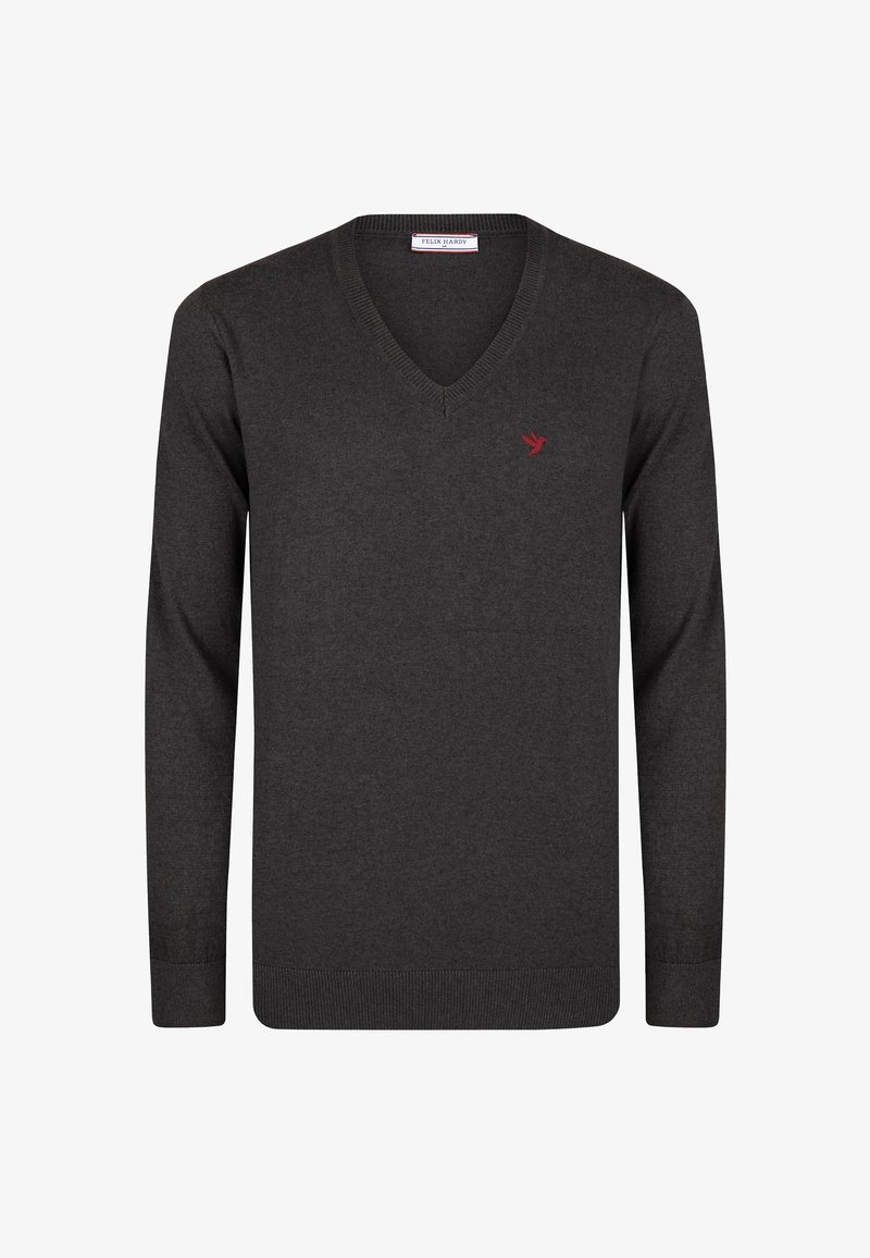 Pull gris foncé à manches longues avec col en V, petit logo oiseau rouge sur la poitrine gauche et poignets et ourlet côtelés.