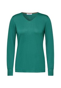 Green long-sleeve V-neck sweater, made of smooth fabric. Features ribbed texture at cuffs and hem, with a small logo tag at the neckline.