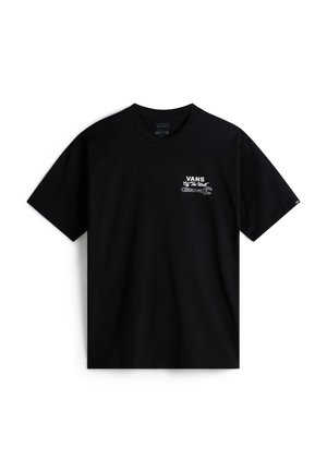 Camiseta de algodón negra de manga corta, con un logotipo gráfico blanco en el lado izquierdo del pecho y una ilustración de una llave inglesa. Cuello redondo clásico.